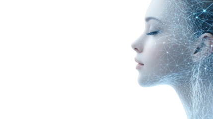 Intricate network overlay on woman's face, digital art representation of connectivity and abstraction