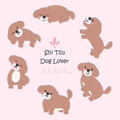 Shih Tzu Dog Cartoon Set in Cute Flat Design with Different Poses