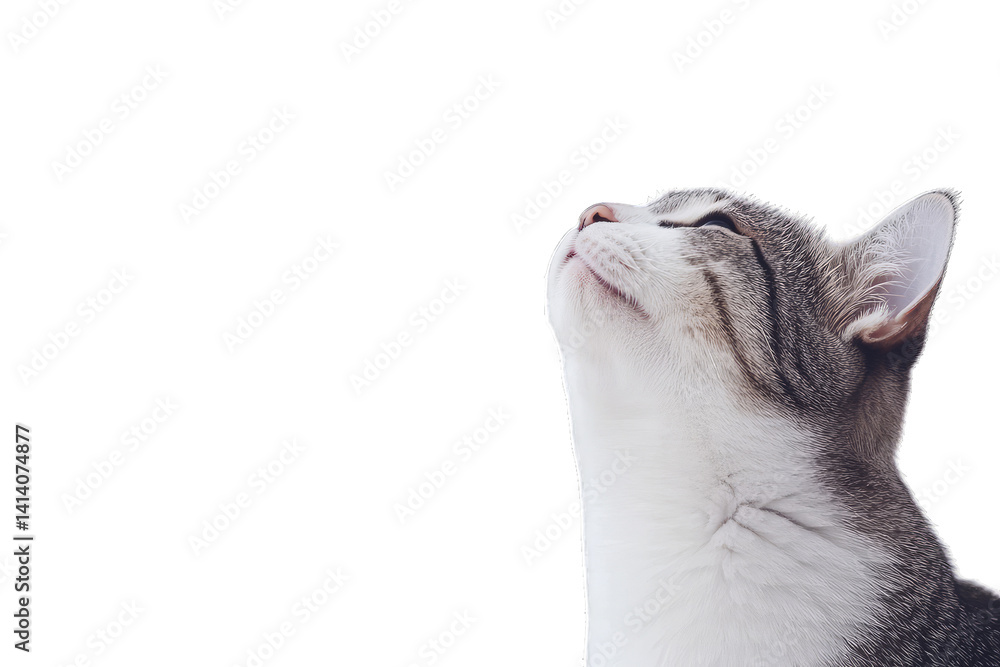Poster close-up a cat gazing upwards against a light background capturing a moment of curiosity and tranqui