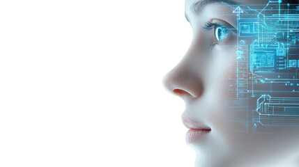 Obraz premium Futuristic woman's face with digital interface, exploring technology and innovation