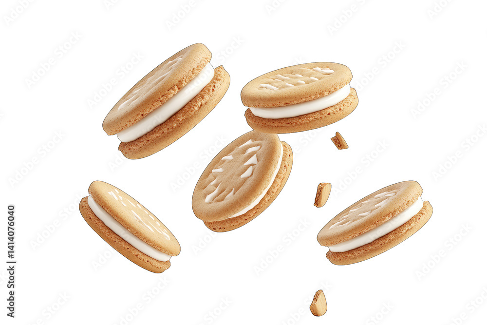 Aufkleber several golden sandwich cookies with a creamy filling seemingly floating against a minimalist backgr