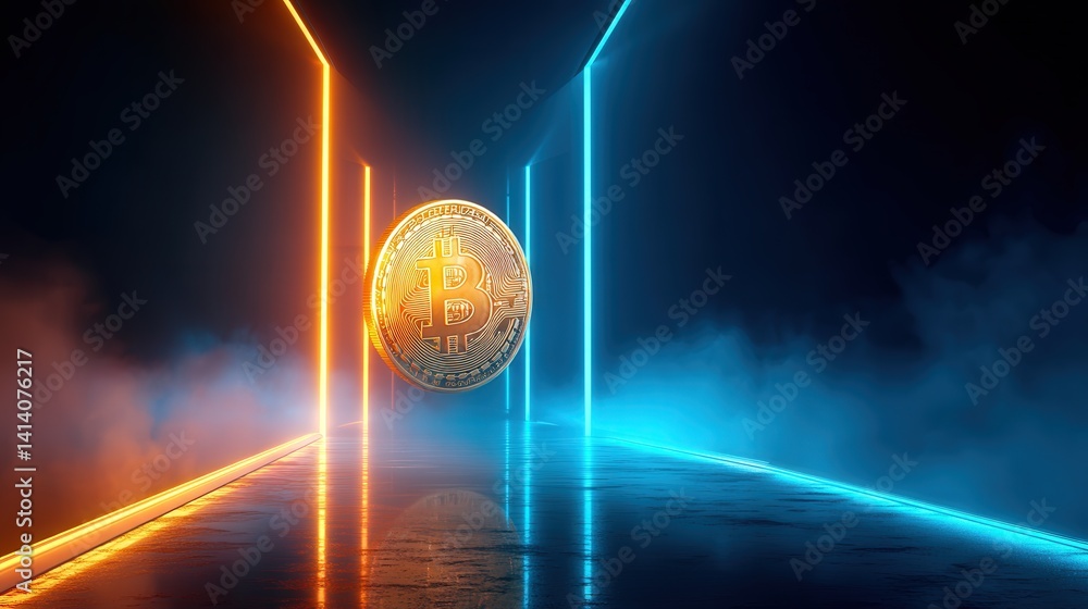 Poster shiny bitcoin coin located within a dark and mysterious tunnel surrounded by gloomy shadows and ligh