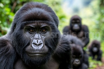 Obraz premium A family of mountain gorillas in the dense forests of Rwanda, with a mother gently holding her baby