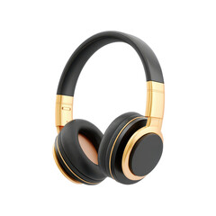 Black and gold wireless headphones on a black background. Concept of audio, music, and technology.