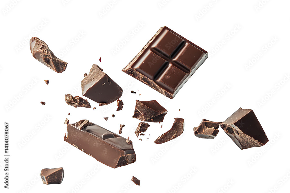 Poster a dynamic arrangement of chocolate pieces some intact and others shattered illustrating the texture 