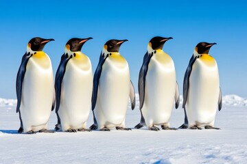 Fototapeta premium A group of Emperor penguins huddled together for warmth in the icy Antarctic landscape