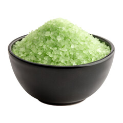 Green aroma bath salt on black bowl isolated on white background