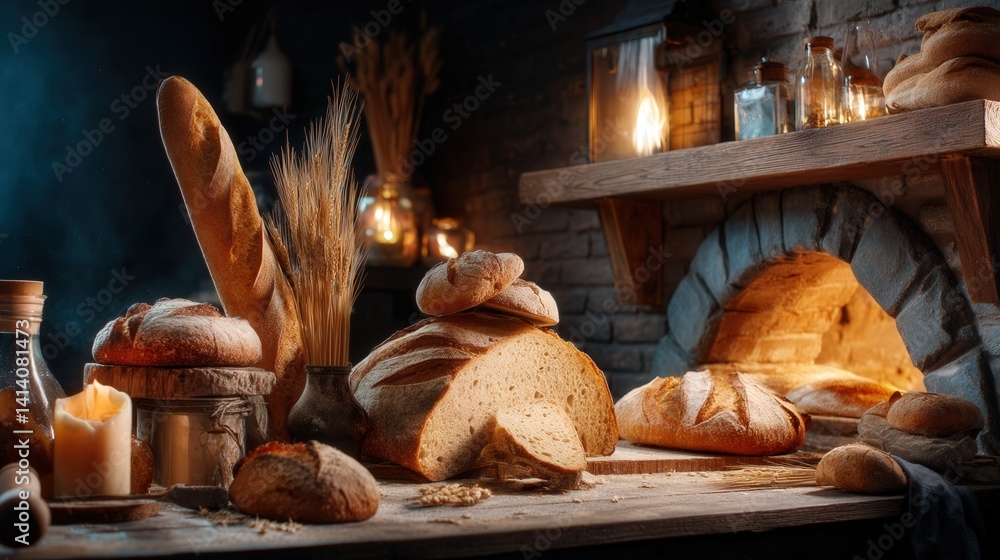 Poster assorted bread loaves and rolls displayed creatively on a wooden table in a warm and inviting enviro