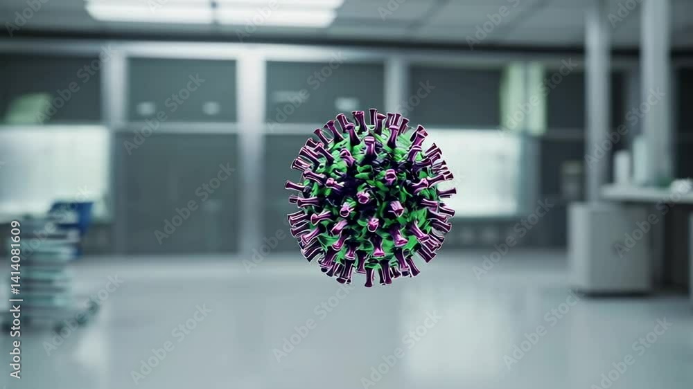 Poster green and purple virus floating in the center of an empty laboratory or hospital room, possibly sugg