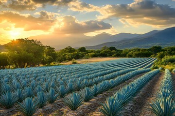 Fototapeta premium Fields of Green and Gold Sunrise Over Agave