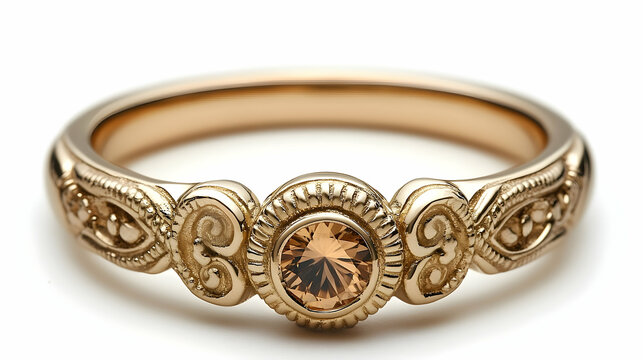 Ornate Gold Ring with Faceted Brown Gemstone and Intricate Scrol