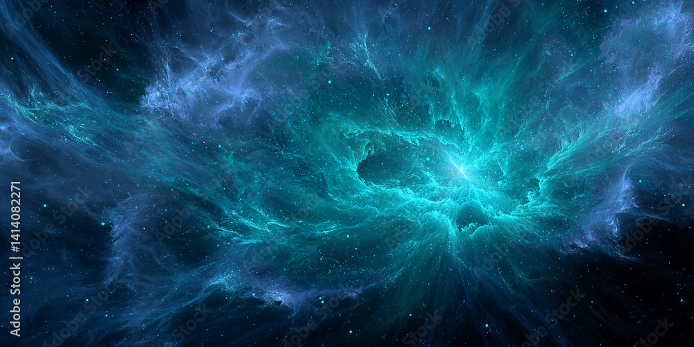 Poster teal and blue nebula swirls, cosmic dust and bright star cluster, creating a dynamic and vibrant spa