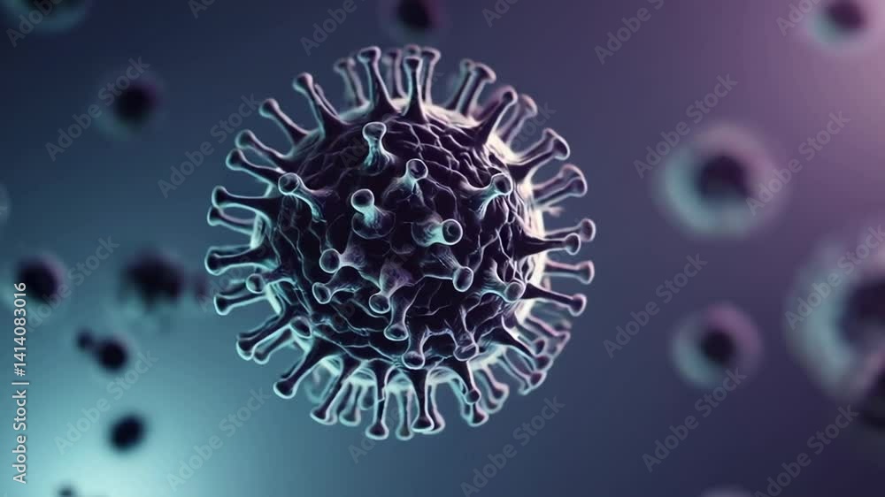 Poster Microscopic visualization of dangerous viral pathogen rotating and multiplying within human body, demonstrating infectious mechanism and potential disease transmission at cellular level