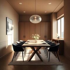 , wooden floor, stylish furniture, pendant light, geometric table, modern chairs, elegant 