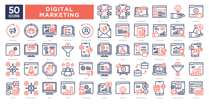 Digital marketing icons collection set, covering SEO, social media, email, analytics, content strategy, and online advertising. Ideal for campaigns, presentations, and marketing materials.