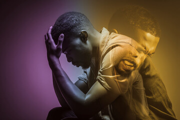 Double exposure portrait of a young man, showcasing conflicting emotions: sadness and anger.  Image symbolizes inner turmoil, mental health struggles