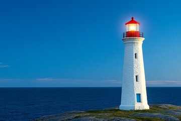 Fototapeta premium A stone-built lighthouse at night, its bright beam cutting through the darkness, guiding ships safely