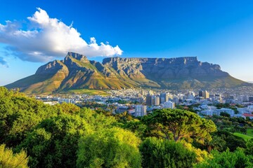 Obraz premium A stunning Cape Town cityscape with Table Mountain in the background, illuminated by the setting sun