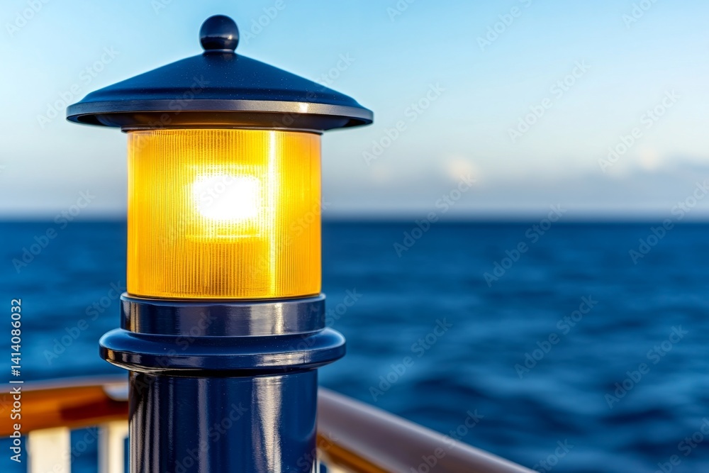 Poster a view of a lighthouse from the deck of a ship, with its guiding light shining brightly in the dista