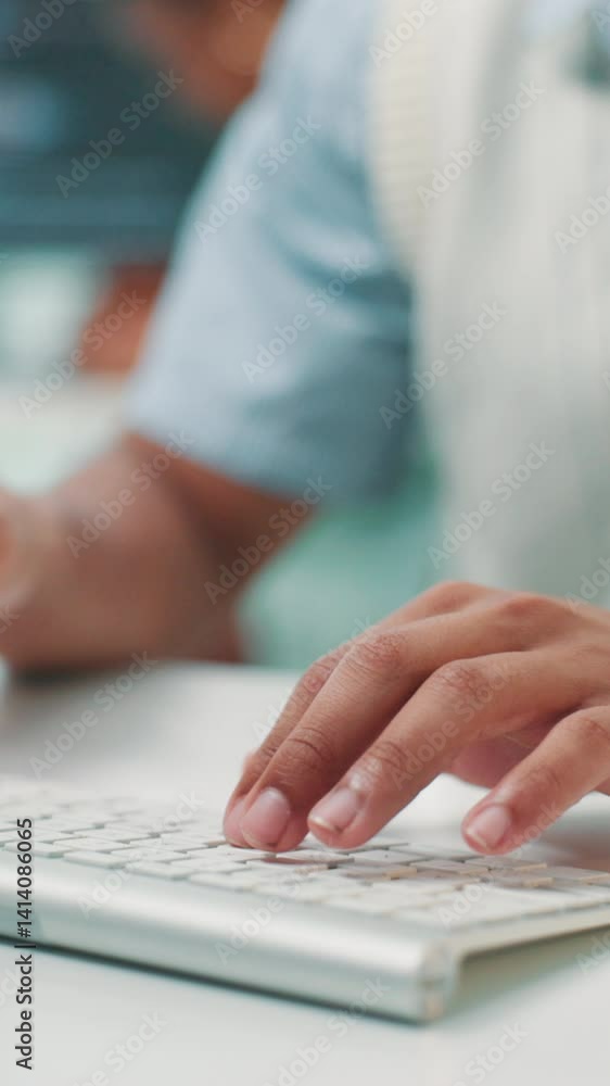 Poster Software developer, hands and person typing in office for update, game development and writing data. Keyboard, programmer and computer for coding, creative design and test app for project closeup
