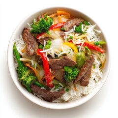 A bowl filled with rice beef and colorful vegetables isolated on white background