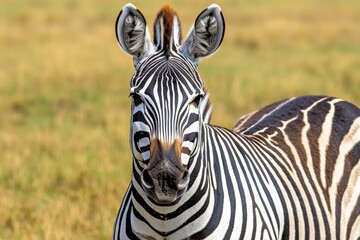Fototapeta premium A zebra herd grazing in the golden grasslands of Kenya, their black and white stripes creating a stunning pattern