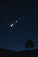 Shooting Star in Night Sky Over Silhouette Tree and Starry Landscape