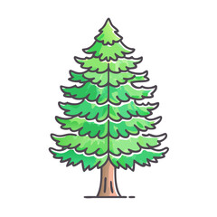 A vibrant illustration of a majestic evergreen tree with lush green foliage and a sturdy brown trunk standing tall against a white background