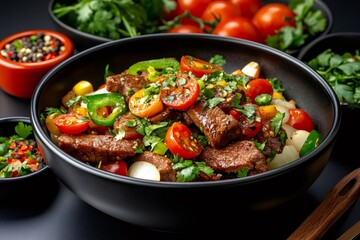 Juicy beef strips with cherry tomatoes, onions and jalapenos, garnished with fresh coriander
