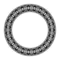 Beautiful Greek vector Black and white round frame arabesque. Plate with lace design. Vintage, ethnic vector frame with arabesques. Pattern frame for round surfaces, textiles, embroidery, porcelain.  