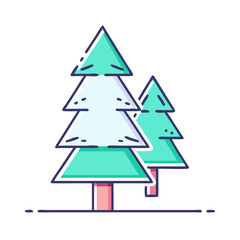 Cartoon Illustration of Two Green Pine Trees in a Winter Scene