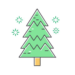 A Simple Cartoon Drawing of a Green Christmas Tree with Snowflakes