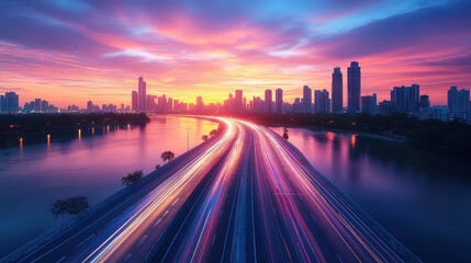 Obraz premium Vibrant cityscape highway at sunset reflecting in tranquil water.