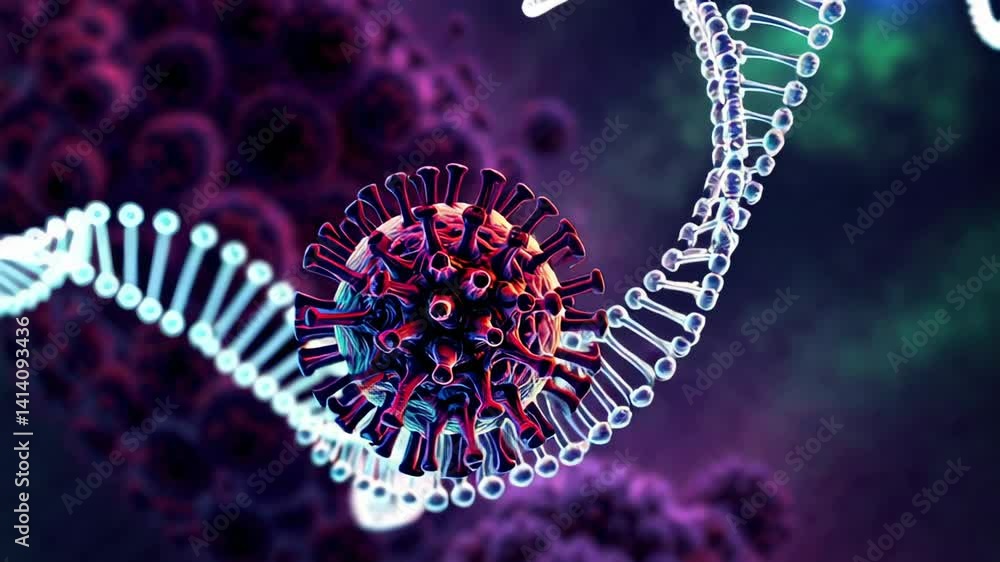 Poster microscopic view of a virus interacting with a dna double helix, potentially representing genetic ma