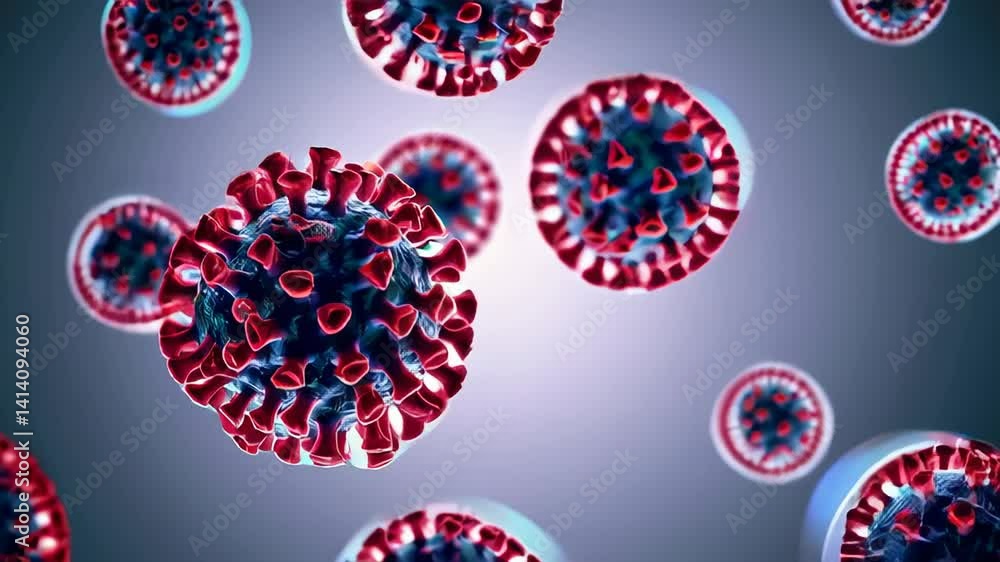 Poster coronavirus particles, depicted in a scientifically accurate 3d rendering, float against a neutral g