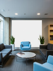 Fototapeta premium Contemporary Office Lounge Area with Blue Accent Chairs, Gray Sofas, and Round Coffee Table