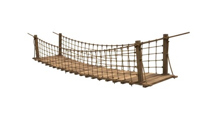 Suspension bridge with wooden planks and rope railings isolated over white background, offering adventure and scenic views