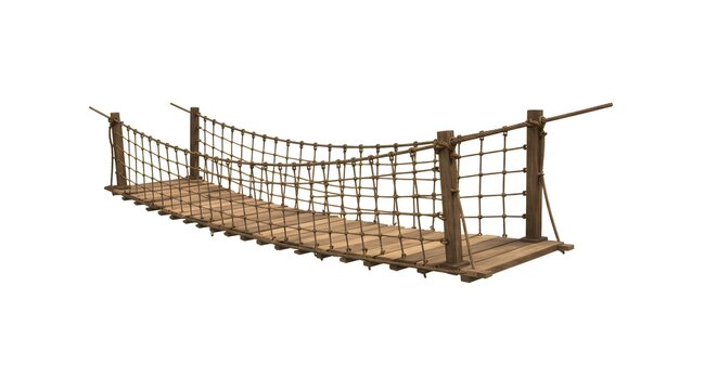 Fototapeta Suspension bridge with wooden planks and rope railings isolated over white background, offering adventure and scenic views