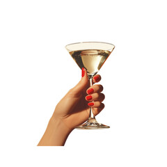 A hand elegantly holds a martini glass filled with a clear liquid.