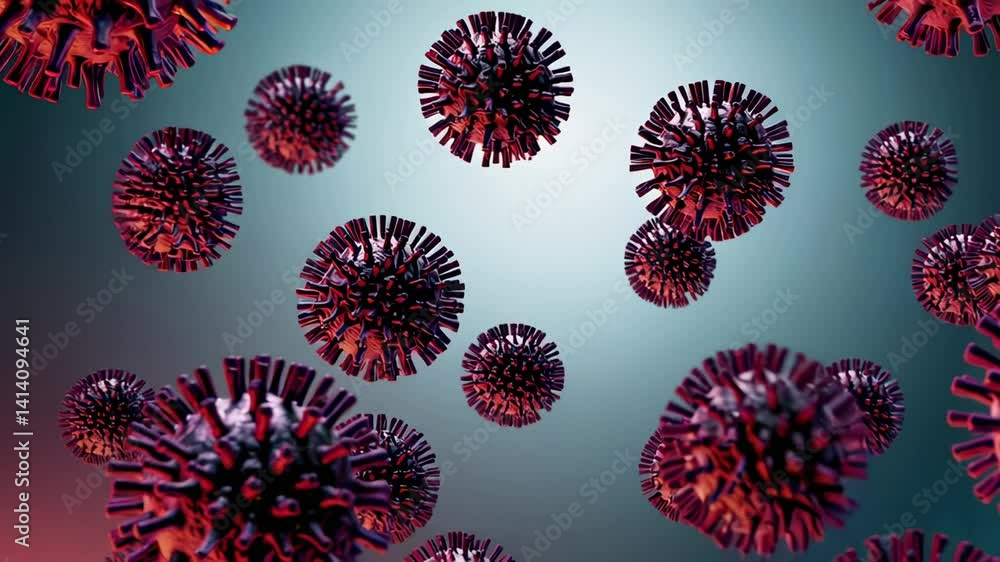Poster Microscopic visualization shows purple viruses multiplying and spreading on a gradient background, simulating the rapid growth and transmission of infectious diseases