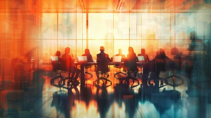 Blurred corporate team brainstorming meeting in modern office with laptop computers, panoramic city view, and vibrant abstract accents