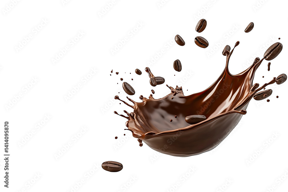 Poster a dynamic splash of rich chocolate surrounded by coffee beans creating a visually appealing and enti
