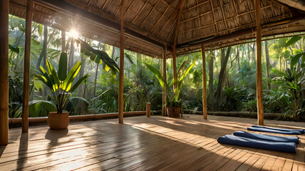 yoga studio surrounded by tropical plants, bamboo flooring, sunlight streaming through the canopy, peaceful jungle