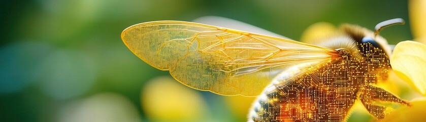 Close-up of bee wings designed with microcircuits, blending nature and tech to symbolize effectiveness