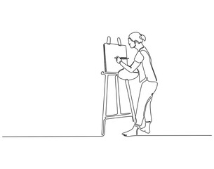 Continuous line drawing of woman drawing on canvas. Single line illustration of watercolor paint on canvas. International art day concept. Editable outline