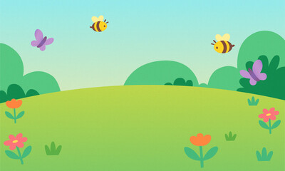 cute illustration spring landscape with flowers, butterflys and bees