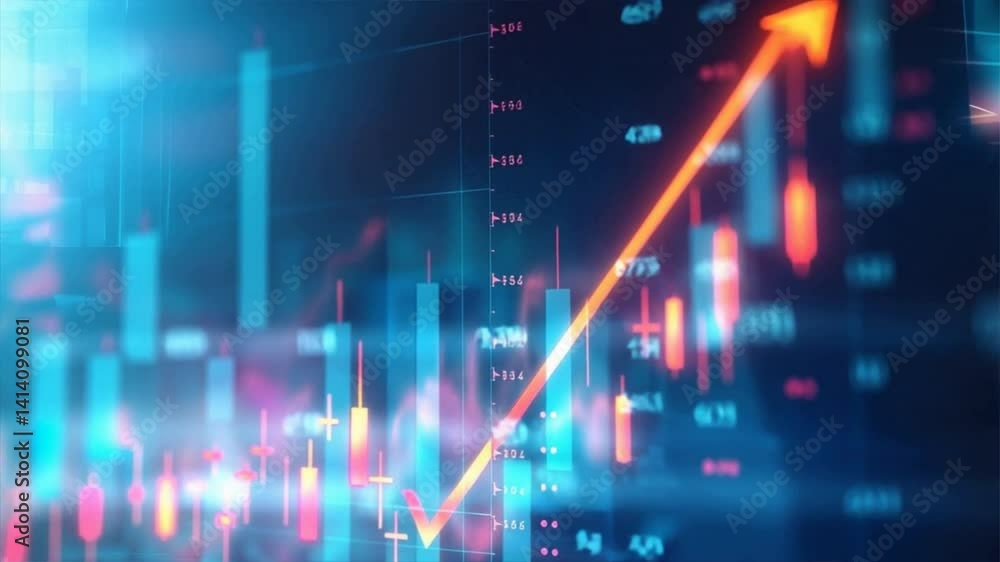 Poster dynamic financial data visualization with graphs, charts, and glowing indicators representing market