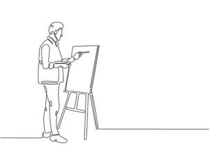Continuous line drawing of man drawing on canvas. Single line illustration of watercolor paint on canvas. International art day concept. Editable outline