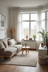 Cozy Scandinavian Living Room with Neutral Tones, Indoor Plants and Soft Natural Light