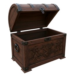 Antique Wooden Treasure Chest with Ornate Carvings and Open Lid Close Up